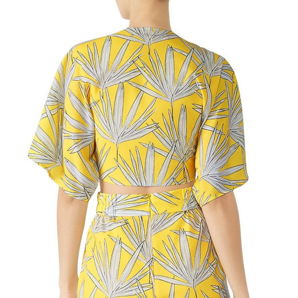Hutch Women's Yellow Leaf Print Tie-Front Crop Blouse Short Sleeve Tropical XS - Picture 10 of 10